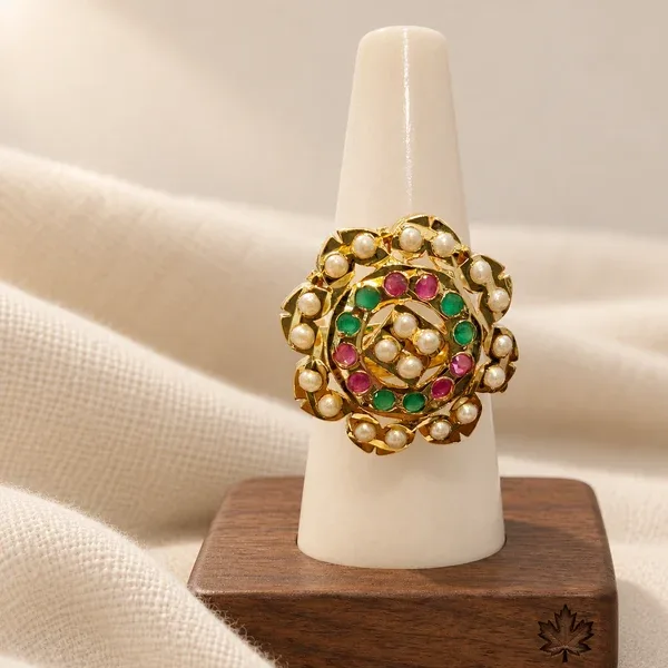 Pink green jadau ring