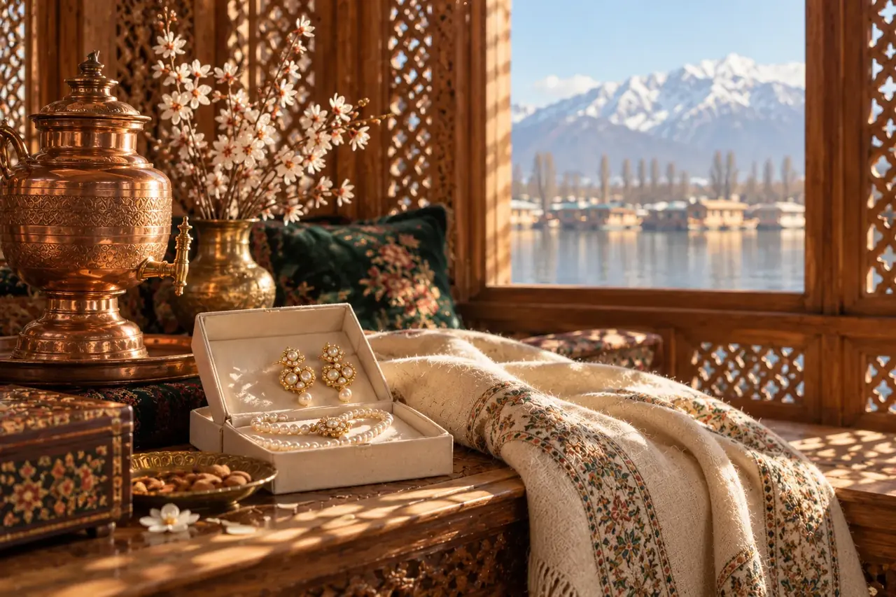 Kashmiri window with a pashmina shawl, polki earrings and pearls in a jewellery box