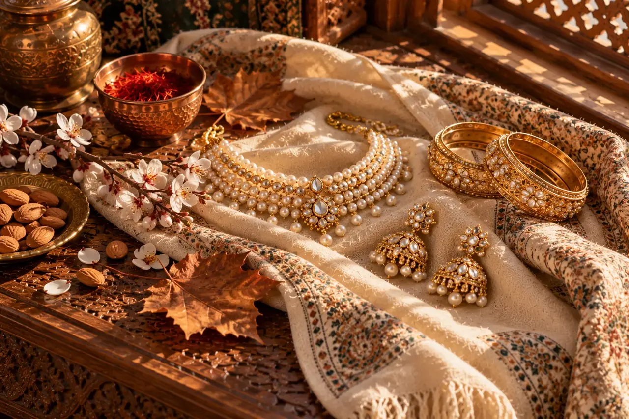 Gold jewellery on a cream pashmina with saffron and almond blossom