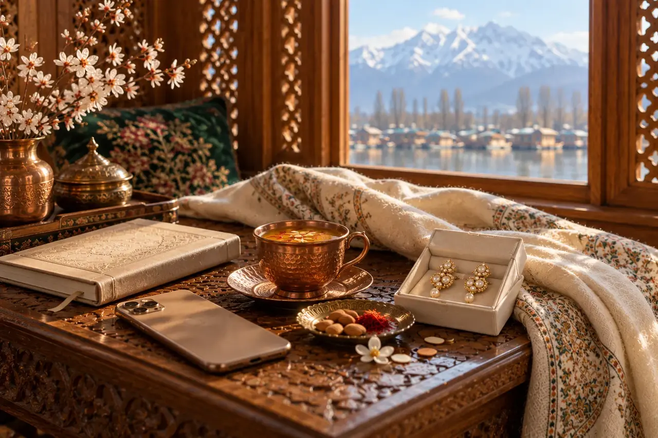 Kahwa, a pashmina and a jewellery box on a carved walnut table