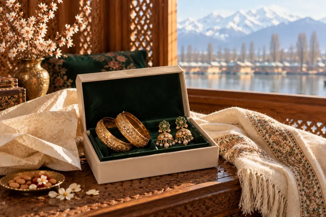 Open jewellery box with gold bangles and jhumka earrings on green velvet