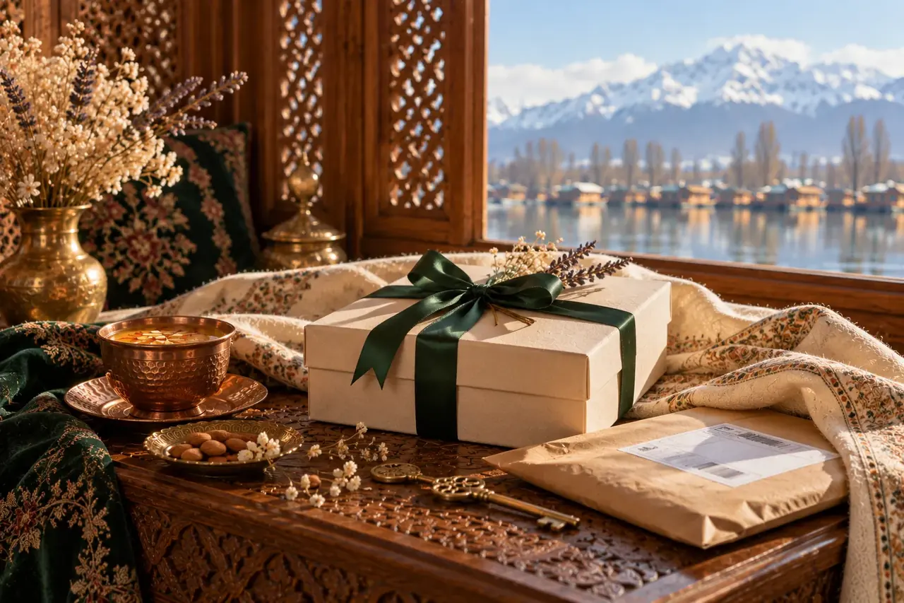 Maenzraat parcel tied with a green ribbon, packed with care in Srinagar