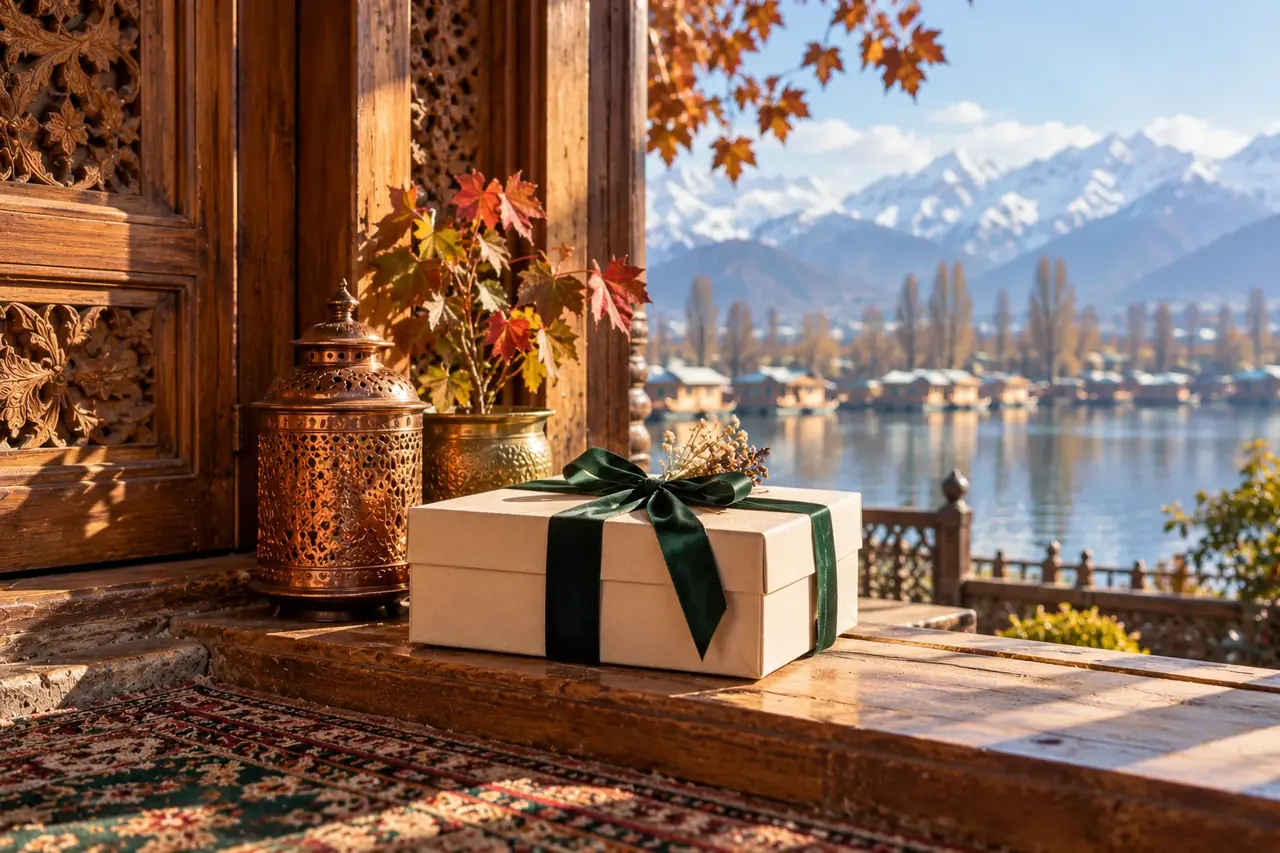 Maenzraat parcel on a Srinagar carved-wood windowsill
